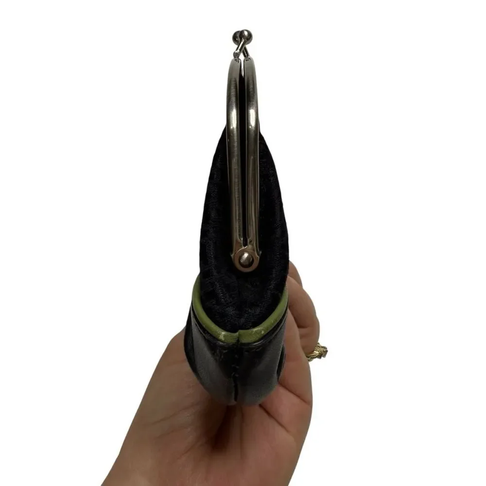 Talbots Leather & Fabric Kiss Lock Mini Clutch Black Green Piping